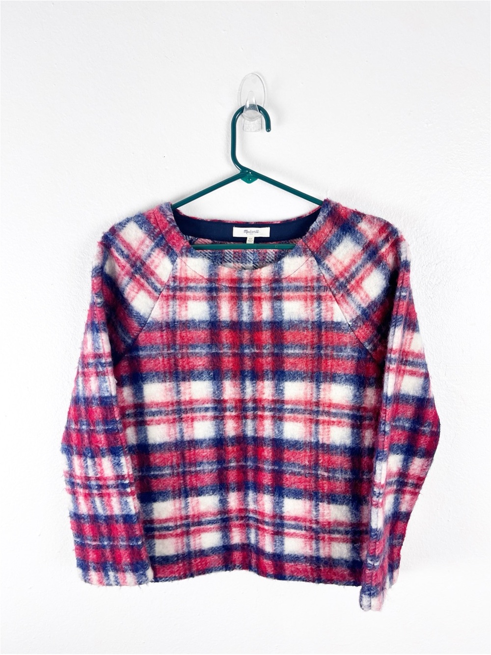 MADEWELL Brushed Plaid Wool Blend Pocket Pullover Top Size XS Preppy Casual Boxy